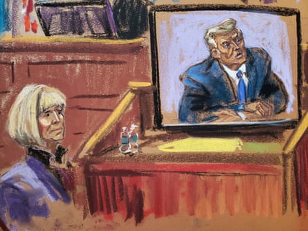 E Jean Carroll watches as Trump’s video deposition is played in court