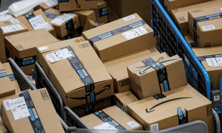 Packages at Amazon’s JFK8 distribution center in Staten Island, New York City.