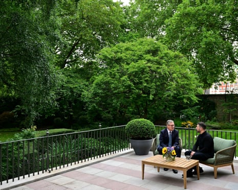 Britain's prime minister Keir Starmer talks with Ukraine's president Volodymyr Zelenskyy in the garden of 10 Downing Street in central London, Britain.