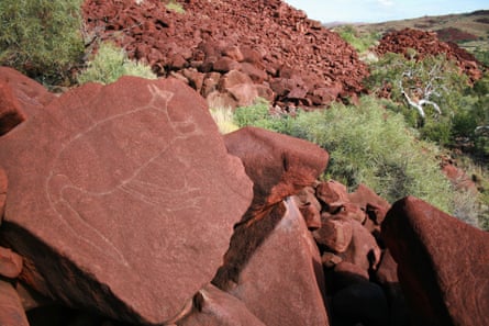 Rock engravings at Burrup Peninsula in Western Australia, Australia. The collection of petroglyphs is the oldest and largest in Australia.
