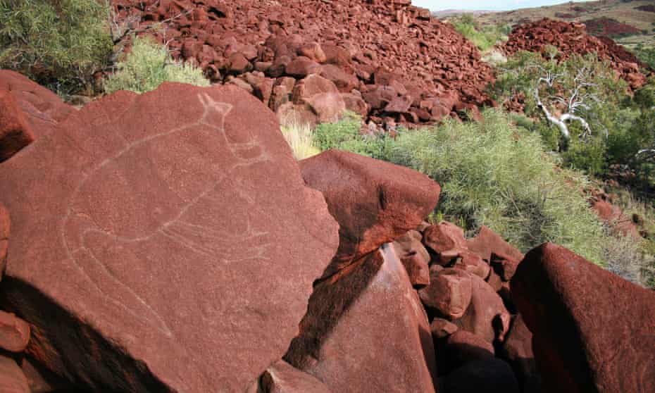 Rock engravings at Burrup Peninsula in Western Australia part part of the Murujuga cultural landscape and the country’s largest collection of rock art.