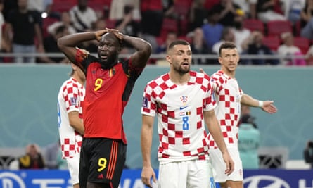 Romelu Lukaku holds his head in his hands after missing a chance for Belgium against Croatia.