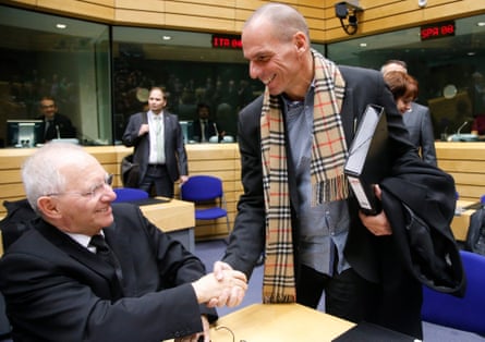 Wolfgang Schäuble and Yanis Varoufakis before a finance ministers’ meeting in Brussels in 2015