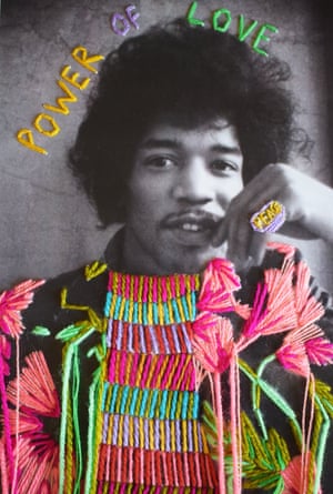 An embroidered photograph of Jimi Hendrix by Mexican artist Victoria Villasana