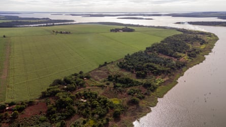 Ladang dan sepetak kecil tanah dengan rumah dan pohon di samping sungai coklat yang lebar.