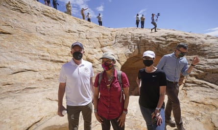 Utah’s Governor Spencer Cox, Haaland, the lieutenant governor, Deidre Henderson, and congressman Blake Moore at the Bears Ears national monument.
