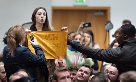 A heckler is ejected as Labour leader Sir Keir Starmer launches his party’s manifesto.