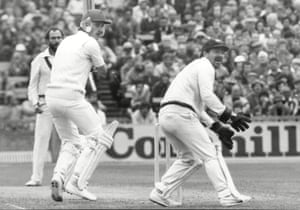 England’s Chris Tavaré knocks a shot past Australian wicketkeeper Rodney Marsh at Old Trafford during the Fifth Ashes Test in August 1981.