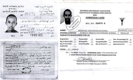 Medhane Tesfamariam Berhe’s ID card. The arrested ‘people smuggler’ says he is a victim of mistaken identity in a potential embarrassment for Italian and British police.