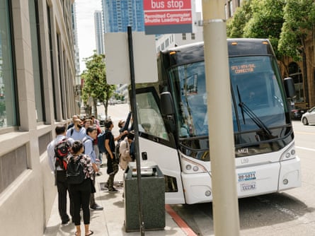 Workers near Google’s San Francisco offices catch a bus headed to Mountain View, home of the company’s main campus.
