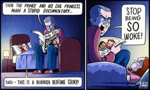 Ben Jennings cartoon, 9/12/22: father reads to child 'bedtime story' from taboid about Meghan and Harry documentary