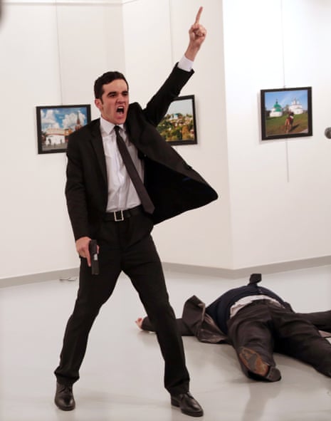 The winning photograph by Burhan Özbilici of Mevlut Mert Altintas standing over Andrei Karlov, the Russian ambassador to Turkey.
