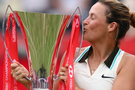 Tatjana Maria celebrates with the trophy after her unlikely win at Queen’s last year