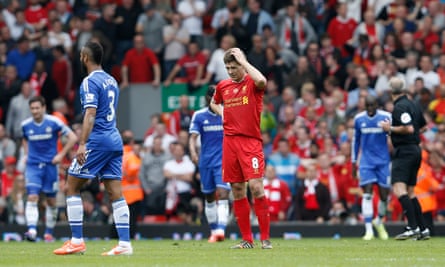 A dejected Steven Gerrard after his slip opened the way for Chelsea’s Demba Ba to score at Liverpool in April 2014.
