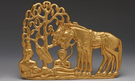A gold belt plaque of a Scythian funerary scene.