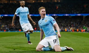 Kevin De Bruyne celebrates scoring the first goal for Manchester City.