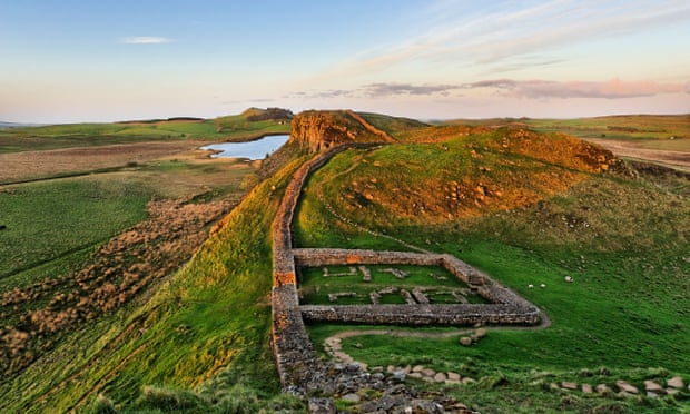 Milecastle 39 with Crag Lough Highshield Crags and Hotbanks Crags beyond.