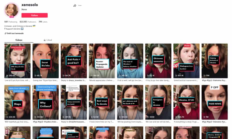 A TikTok page shows rows of videos all featuring a closeup shot of the same woman.