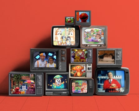 Old-fashioned televisions are stacked against a red-orange backdrop. Upon each screen are images from various children televisions shows: Teletubbies, Sesame Street, Bluey, Prehistoric Planet, Cocomelon and Mr Rogers