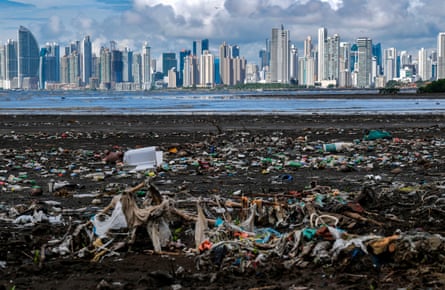 A plastic-choked beach in Costa del Este, Panama City.