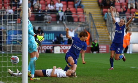 Chelsea’s Maika Hamano wheels away in celebration after putting the visitors ahead against Tottenham Hotspur.