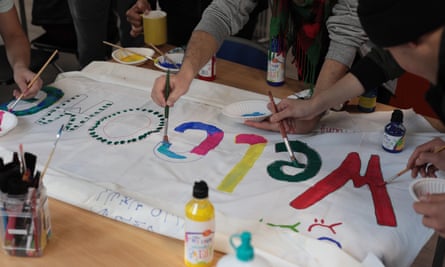 A banner being made at the Folkstone refugee youth centre in Kent