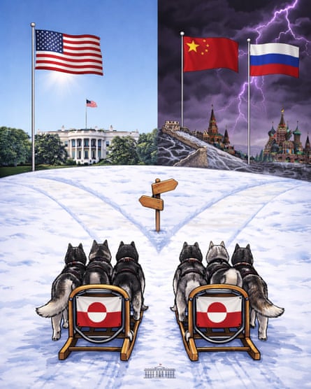 Artwork posted on X by the White House captioned ‘Which way, Greenland man?’