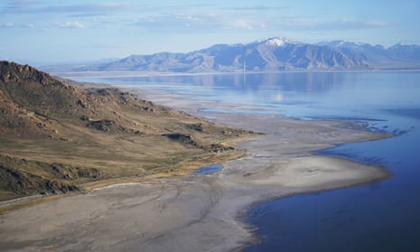 The Great Salt Lake recedes from Anthelope Island near Salt Lake City. The waters have receded further since this photograph was taken in May.