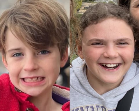 A composite of two photographs, of a young boy smiling, and a young girl smiling.