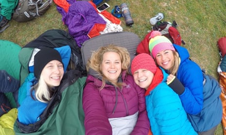 selfie of four women in warm clothes and sleeping bags