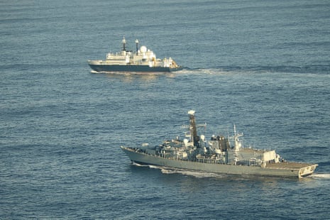 HMS Somerset (front) shadowing the Russian spy ship Yantar near UK waters in January this year.