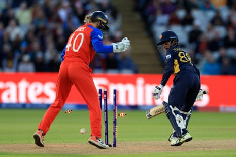 Sri Lanka's Harshitha Samarawickrama loses her wicket.
