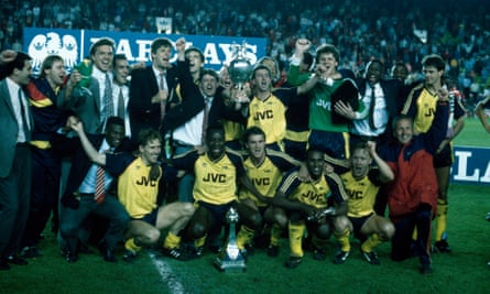 Arsenal’s players celebrate after winning the First Division title at Anfield in 1989.