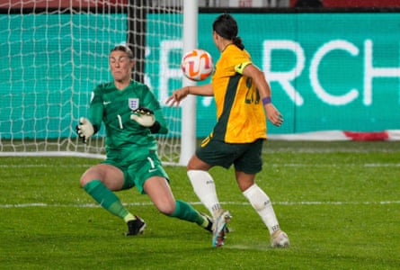 Kerr scores past Earps in last year’s friendly between the two sides.