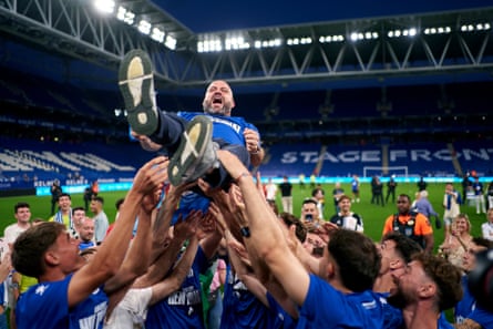 Manolo González is thrown in the air after Espanyol’s promotion to La Liga in 2024