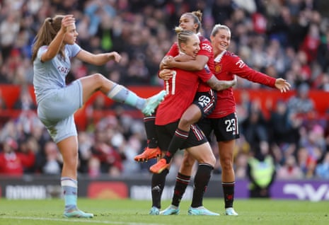 Leah Galton (No 11) celebrates with teammates Nikita Parris and Alessia Russo (right) after doubling Manchester United’s lead