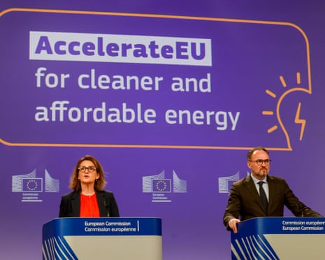 Teresa Ribera (L) and Dan Jorgensen (R) hold a news conference on energy during the European Commission College meeting at the Berlaymont headquarters in Brussels, Belgium.