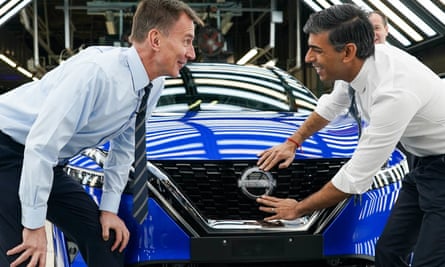 Rishi Sunak and Jeremy Hunt during a visit to the Nissan car plant in Sunderland, which will build three new electric models.