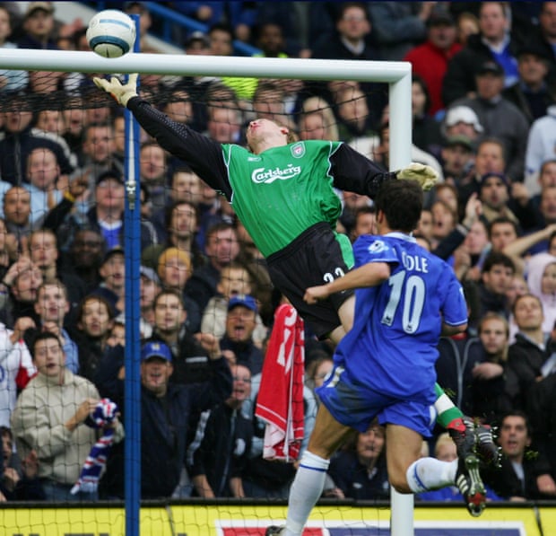 Chris Kirkland saves a Joe Cole lob during Liverpool's game at Chelsea in October 2004.
