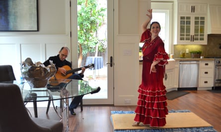 A dancer and guitarist at a showing in Menlo Park this month.