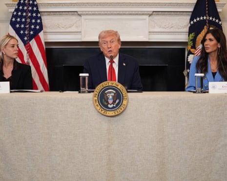 Donald Trump speaks during a roundtable meeting on antifa in the State Dining Room as attorney general Pam Bondi and homeland Security Secretary Kristi Noem listen.
