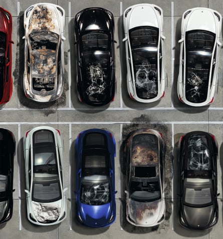 Illustration of bashed up and burned cars in a car park