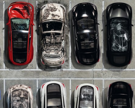 Illustration of bashed up and burned cars in a car park