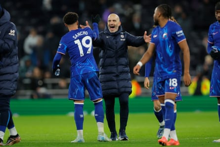 Jadon Sancho and Enzo Maresca celebrate after his goal for Chelsea against Spurs.