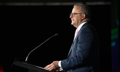 Prime Minister Anthony Albanese speaks to attendees during the Australian Education Union's luncheon in Sydney, Thursday, May 23, 2024. (AAP Image/Bianca De Marchi) NO ARCHIVING