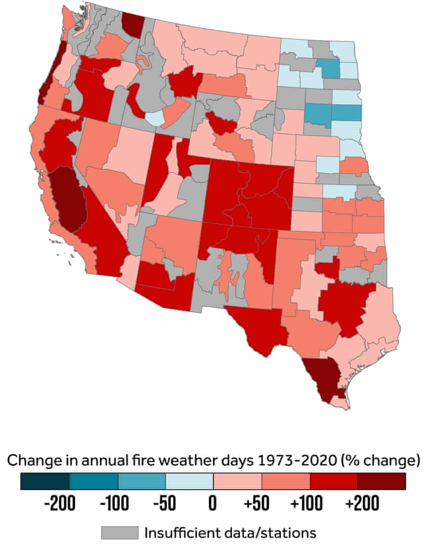 map showing change in annual fire weather days by percentage