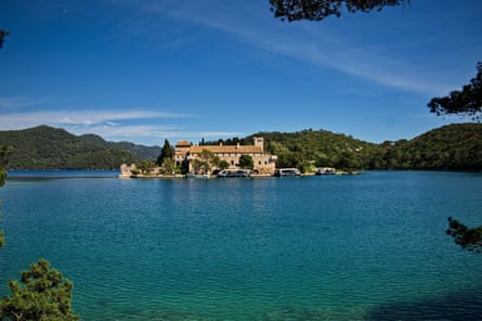 An islet with a medieval monastery in a lake on an island