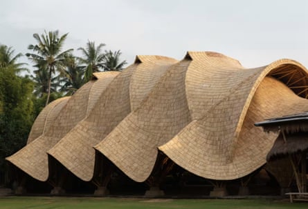 Bamboo roofs looking like piled up bonnets at the Green School in Bali