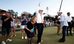 Scott Morrison and Sarah Henderson, the Liberal MP for Corangamite, play bowls at Torquay Bowls Club.
