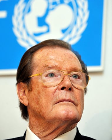 Roger Moore during a Unicef press conference in Germany, 2010. He served as a goodwill ambassador and was knighted for his humanitarian work.